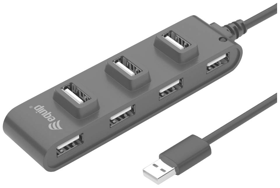 Szary hub USB z czterema portami USB i podłączonym kablem USB.