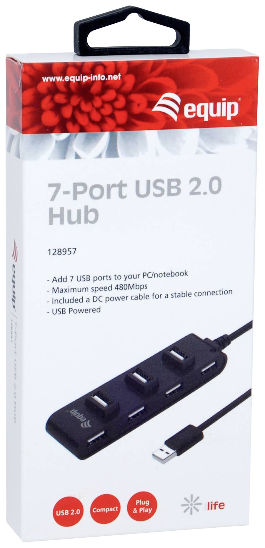 Opakowanie 'Rozgałęziacz USB 2.0 z 7 portami firmy equip'. Oferuje 7 złączy USB, prędkość 480 Mbps, zawiera kabel zasilania DC.