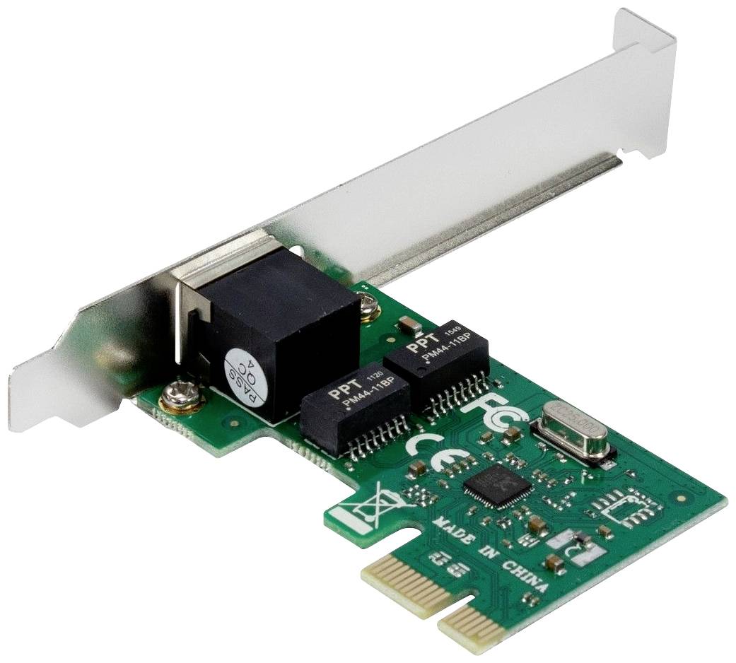 Zielona karta sieciowa z interfejsem PCI-Express, wyposażona w dwa czarne moduły chipowe oraz złącze Ethernet, przeznaczona do komputerów stacjonarnych.