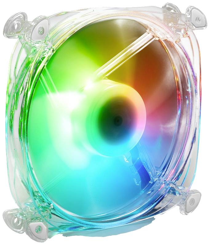Przezroczysty model wentylatora komputerowego świeci kolorami tęczy.