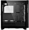 Czarne obudowa komputera z przezroczystym oknem bocznym, widoczne mocowania dla kilku wentylatorów, porty USB oraz przyciski funkcyjne z przodu.