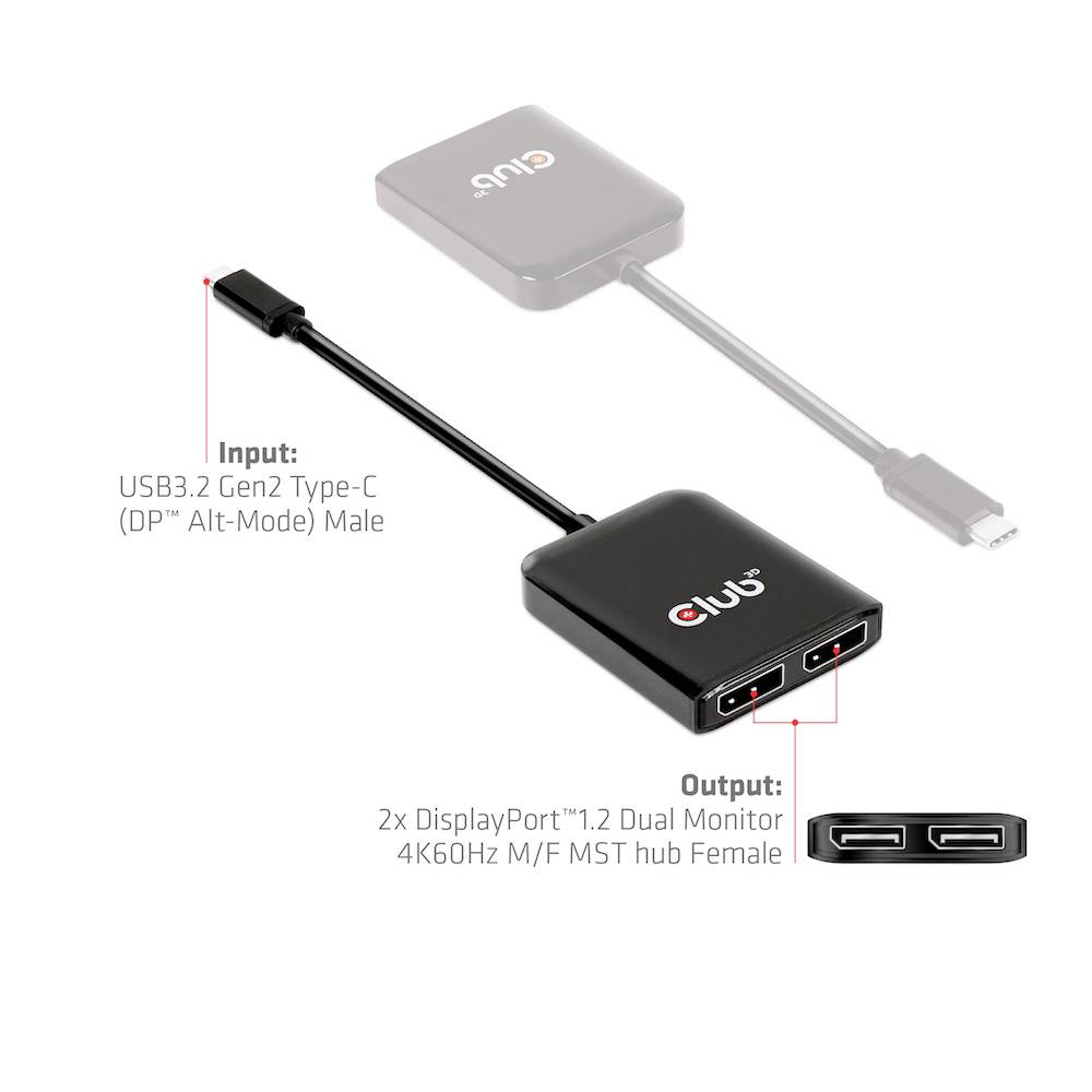 Adapter USB-C Gen2 na 2x DisplayPort, obsługujący rozdzielczość 4K przy 60Hz. Pokazuje złącze i wyjścia do pracy w trybie podwójnego monitora.