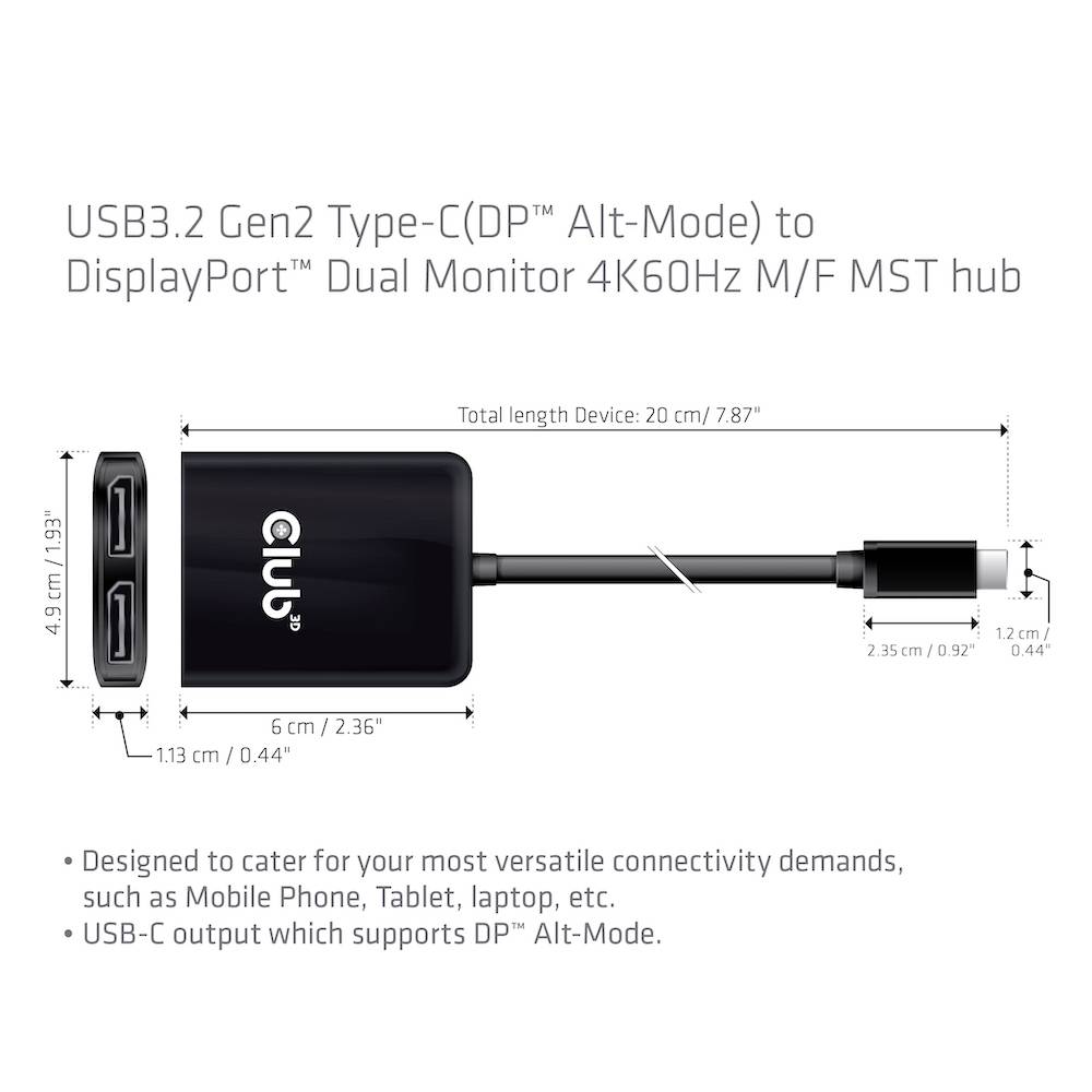 Rozgałęziacz MST USB 3.2 Gen2 Type-C na DisplayPort do podwójnego monitora 4K60Hz M/F. Czarny, kwadratowe rozgałęzienie kabla, dwa porty DP.
