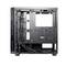 Czarna obudowa komputera z odkrytą boczną ścianką, ukazująca wewnętrzną strukturę z rozwiązaniami zarządzania okablowaniem oraz przestrzenią na komponenty.