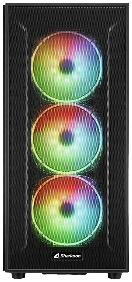 Czarna obudowa komputerowa firmy Sharkoon z trzema świecącymi, kolorowymi wentylatorami LED z przodu.