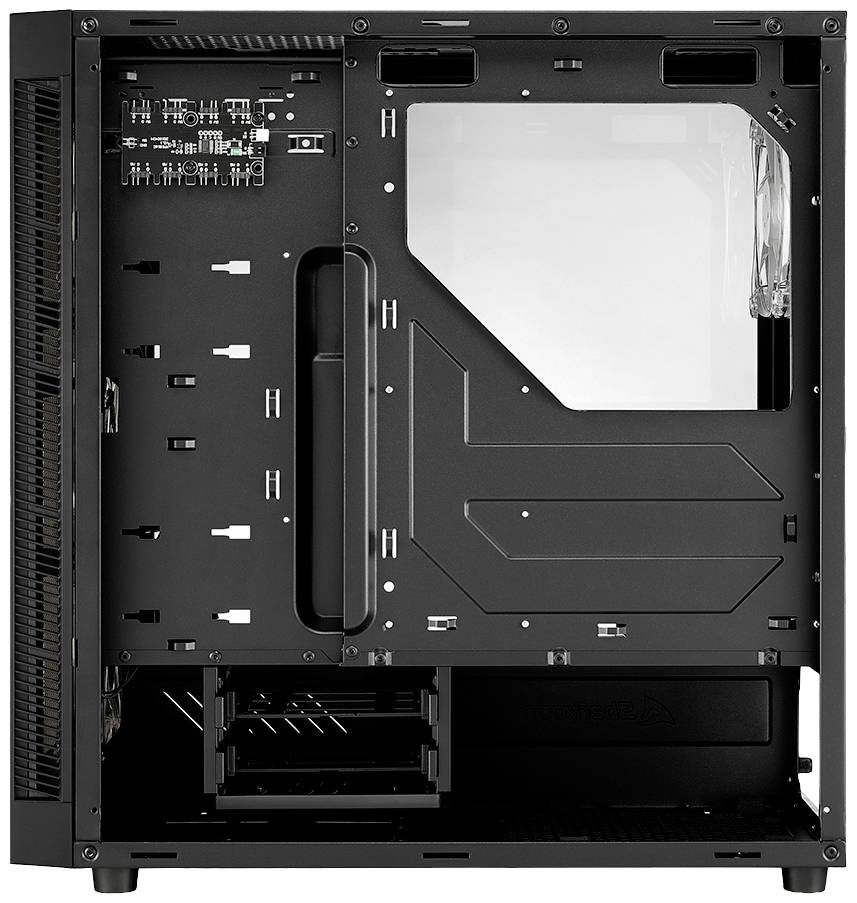 Puste obudowa komputera z oknem bocznym, prezentująca miejsca montażowe dla podzespołów oraz otwory wentylacyjne.