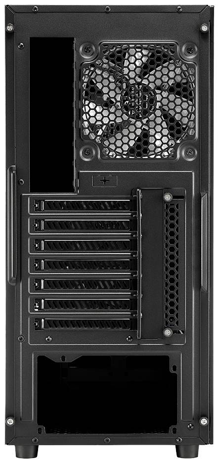 Widok z tyłu czarnej obudowy komputera z wentylatorem i slotami na karty rozszerzeń. Szczeliny obudowy są otwarte dla wentylacji.
