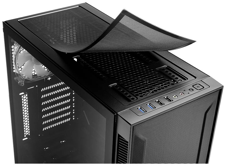 Obudowa komputerowa w kolorze czarnym z wymiennym górnym filtrem przeciwkurzowym, portami USB, gniazdami audio oraz przezroczystą boczną płytą.