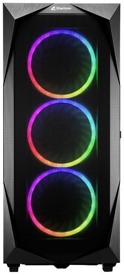 Obudowa komputera z trzema widocznymi wentylatorami świecącymi w kolorach tęczy. Obudowa posiada nowoczesny, siateczkowy design frontu.