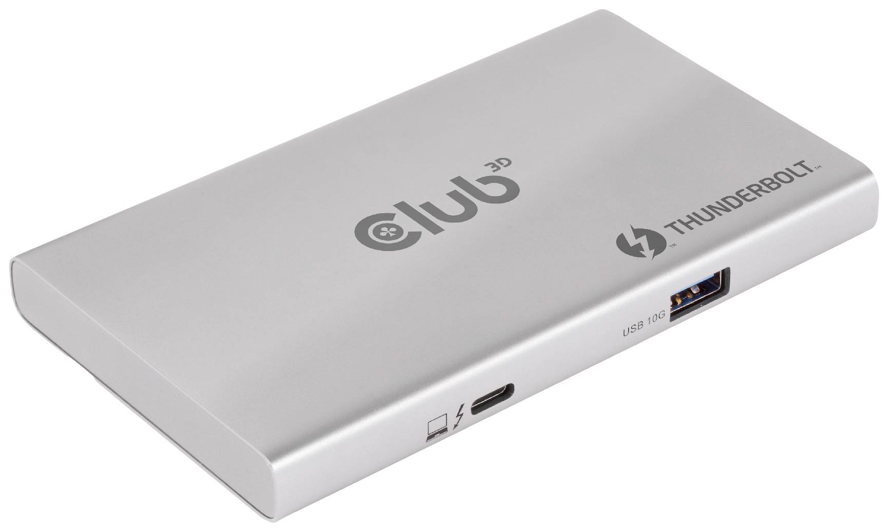 Srebrna obudowa Thunderbolt z logo Club-3D i portami USB.