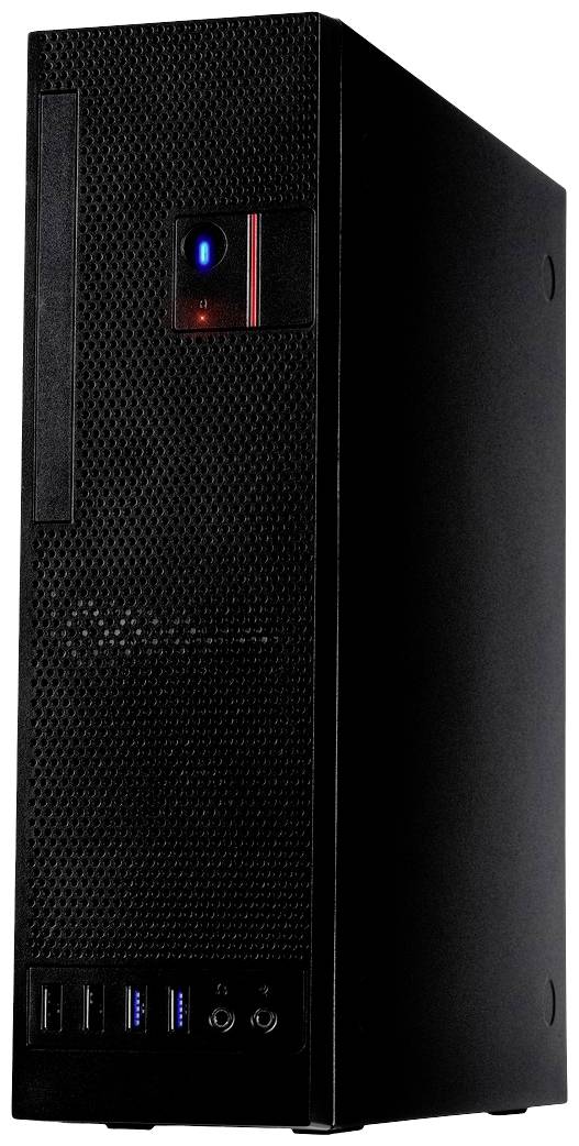 Czarny komputer stacjonarny z portami USB i gniazdem słuchawkowym z przodu.