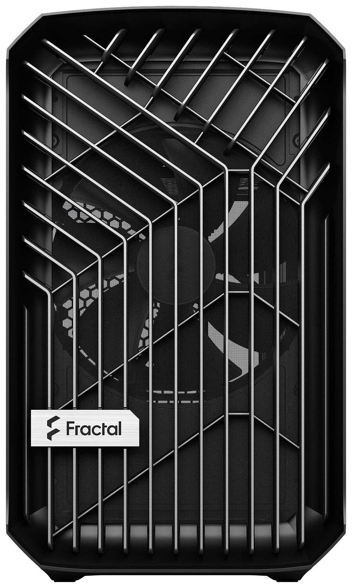 Czarna obudowa komputerowa firmy Fractal, widok z przodu z wzorem siatki i widocznym wentylatorem za kratką.