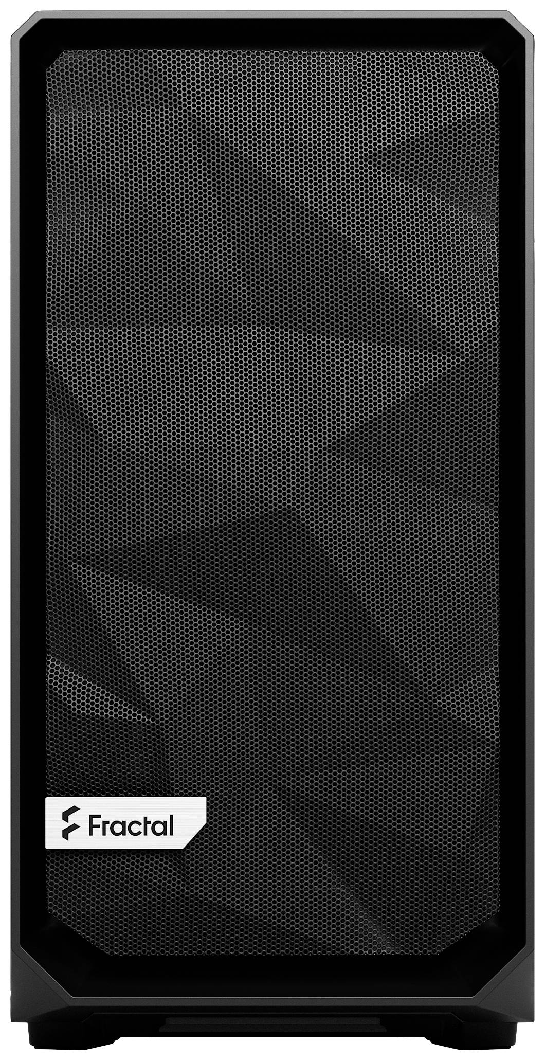 Czarne obudowa komputera z siateczkową przednią ścianą w geometrycznym wzorze oraz logo firmy w lewym dolnym rogu.