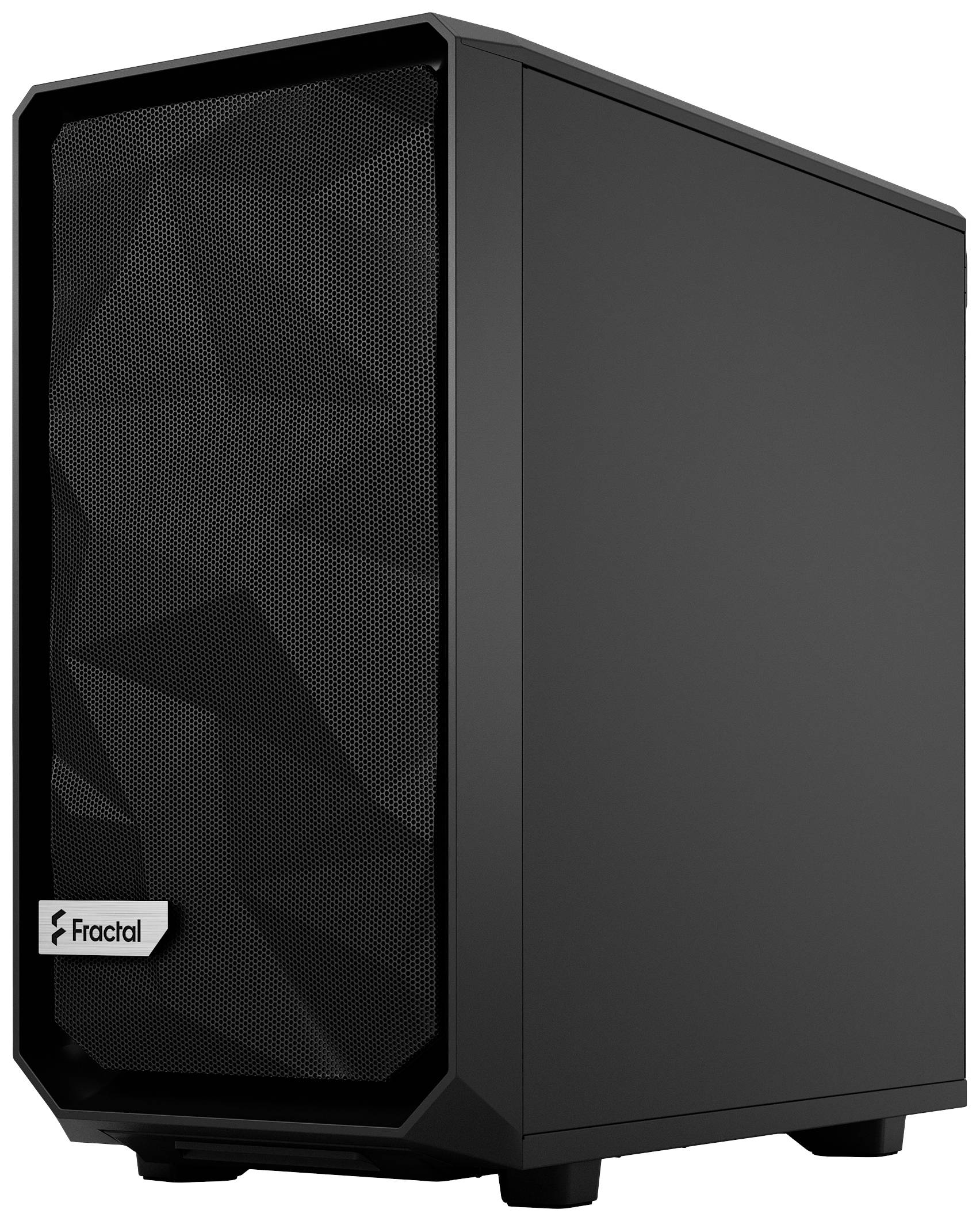 Czarna obudowa komputerowa z siateczkowym przodem, odpowiednia dla podzespołów PC, z logo marki Fractal.