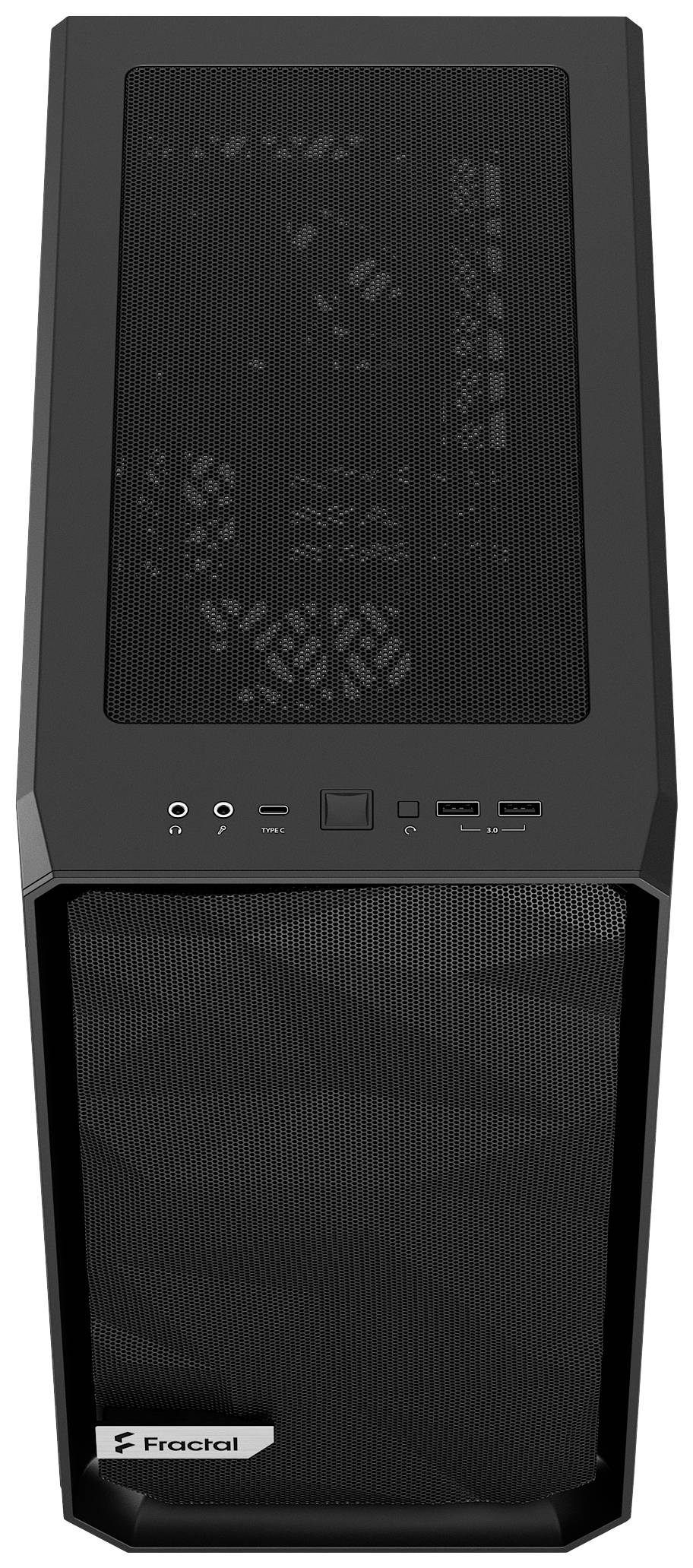 Czarna obudowa komputera z kratkami wentylacyjnymi z przodu i góry, z kilkoma złączami oraz przełącznikiem na górnej, przedniej części.