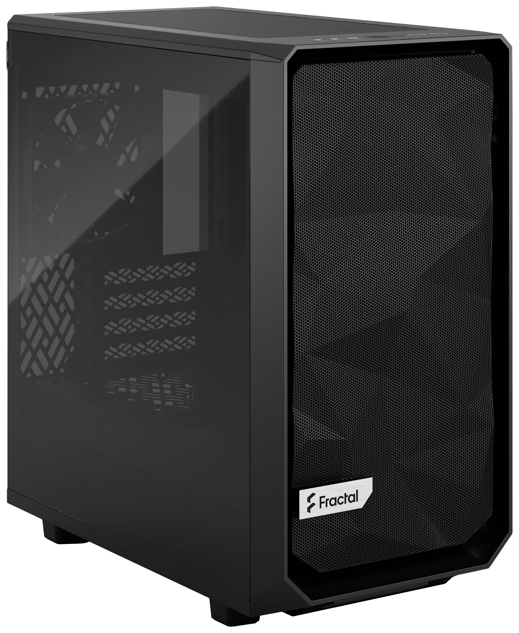 Czarna obudowa komputera z przednią ścianą wykonaną z siatki i szklaną ścianką boczną, zbudowana z metalu i szkła, z logo 'Fractal' z przodu.