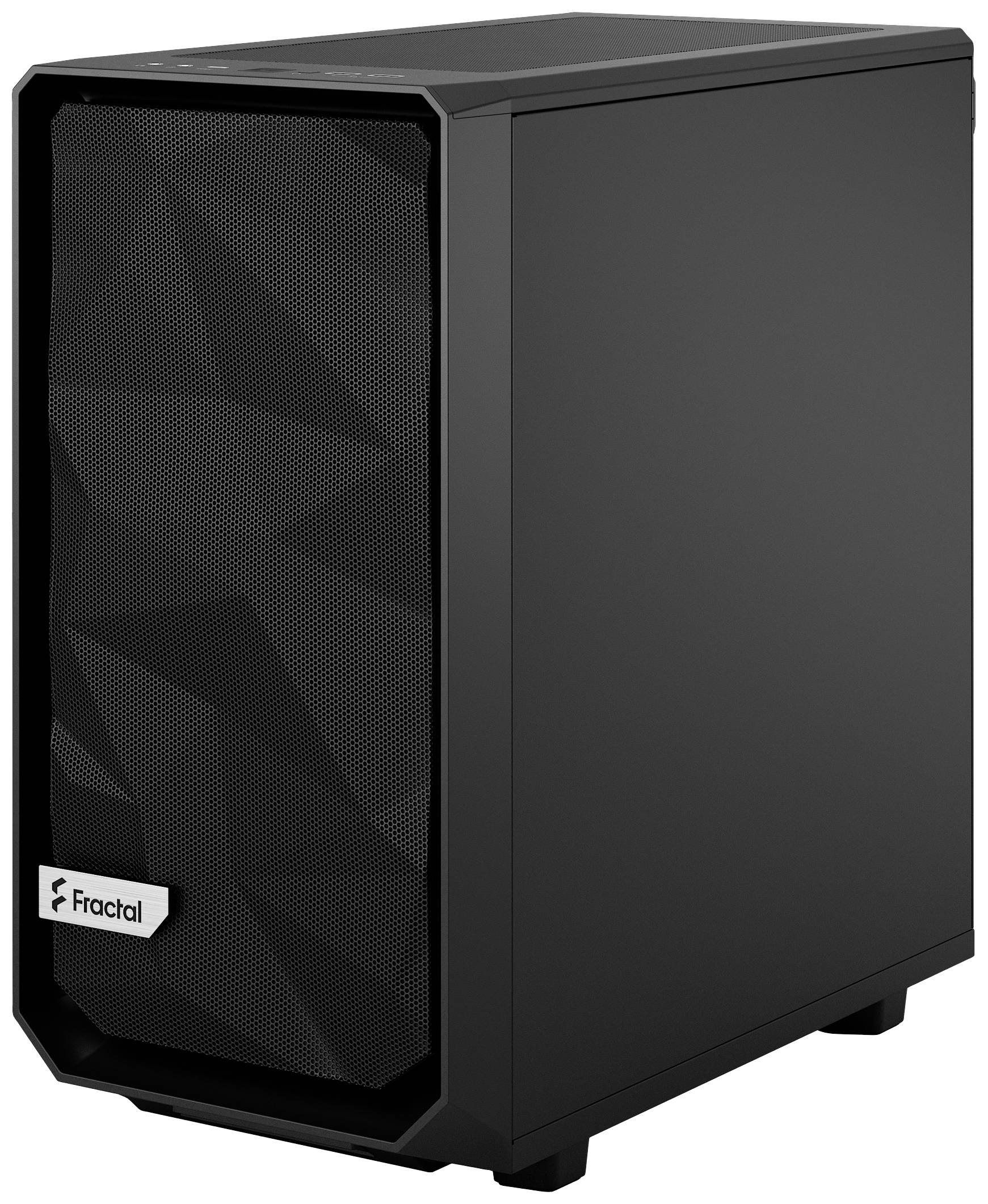 Czarna obudowa komputerowa marki Fractal, z geometrycznie wzorzystym frontem i minimalistycznym designem. Odpowiednia dla komputerów stacjonarnych.