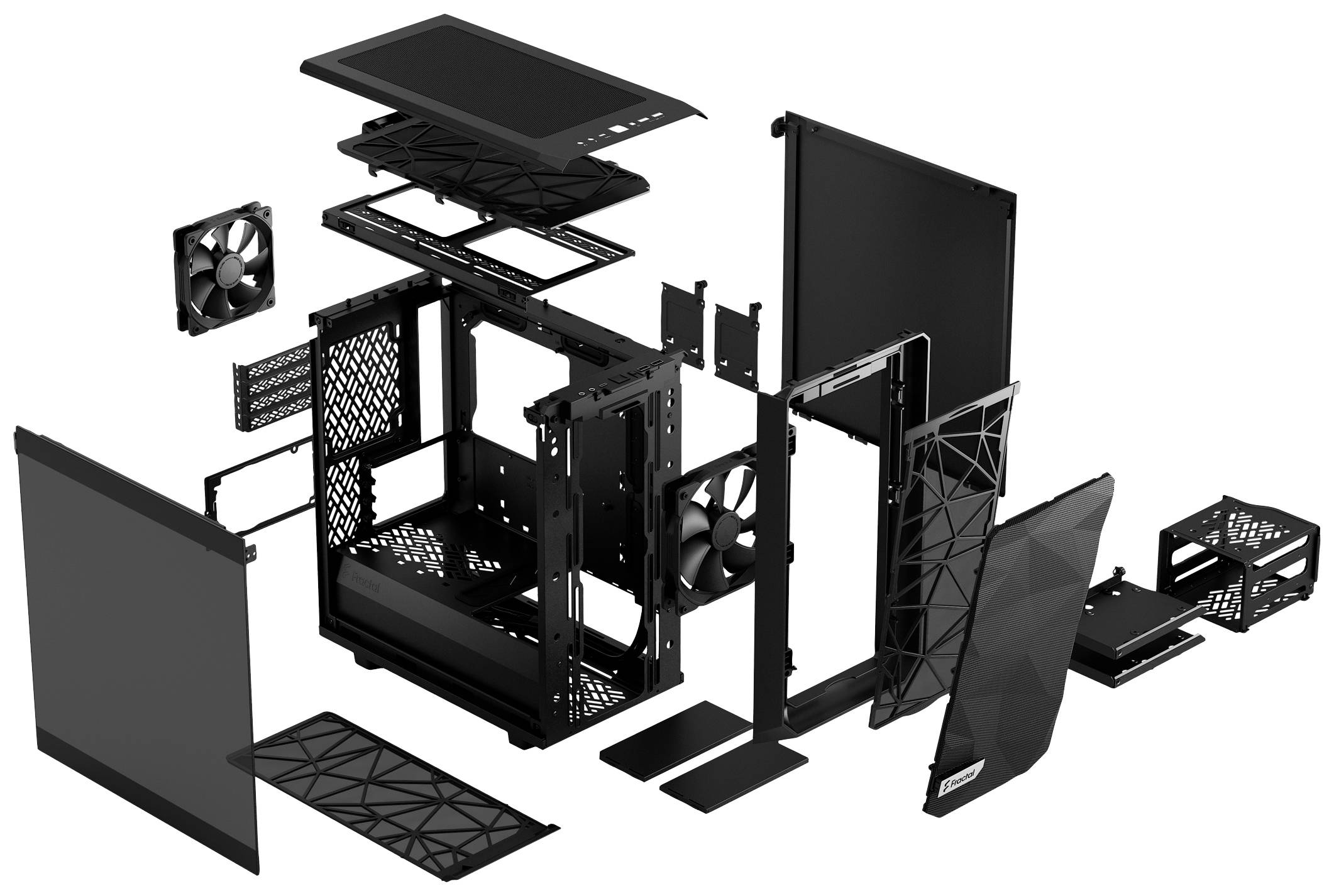 Rozebrany komputer z rozłożonymi częściami składowymi, w tym ściankami bocznymi, wentylatorami, ramą i pokrywami, przedstawiony na rysunku złożeniowym.