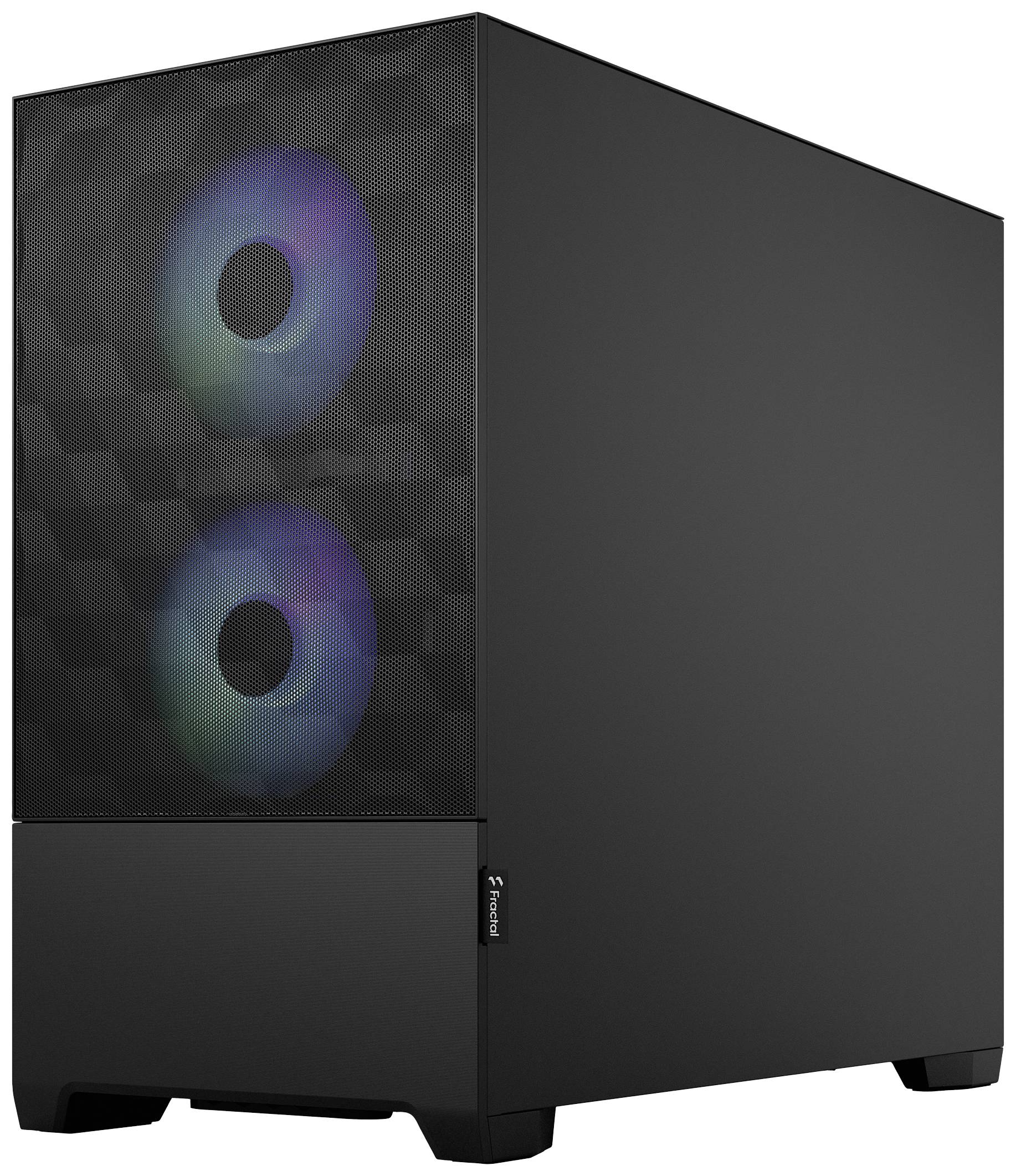 Czarna obudowa komputera z dwoma świecącymi wentylatorami zmieniającymi kolor na przedniej ściance.