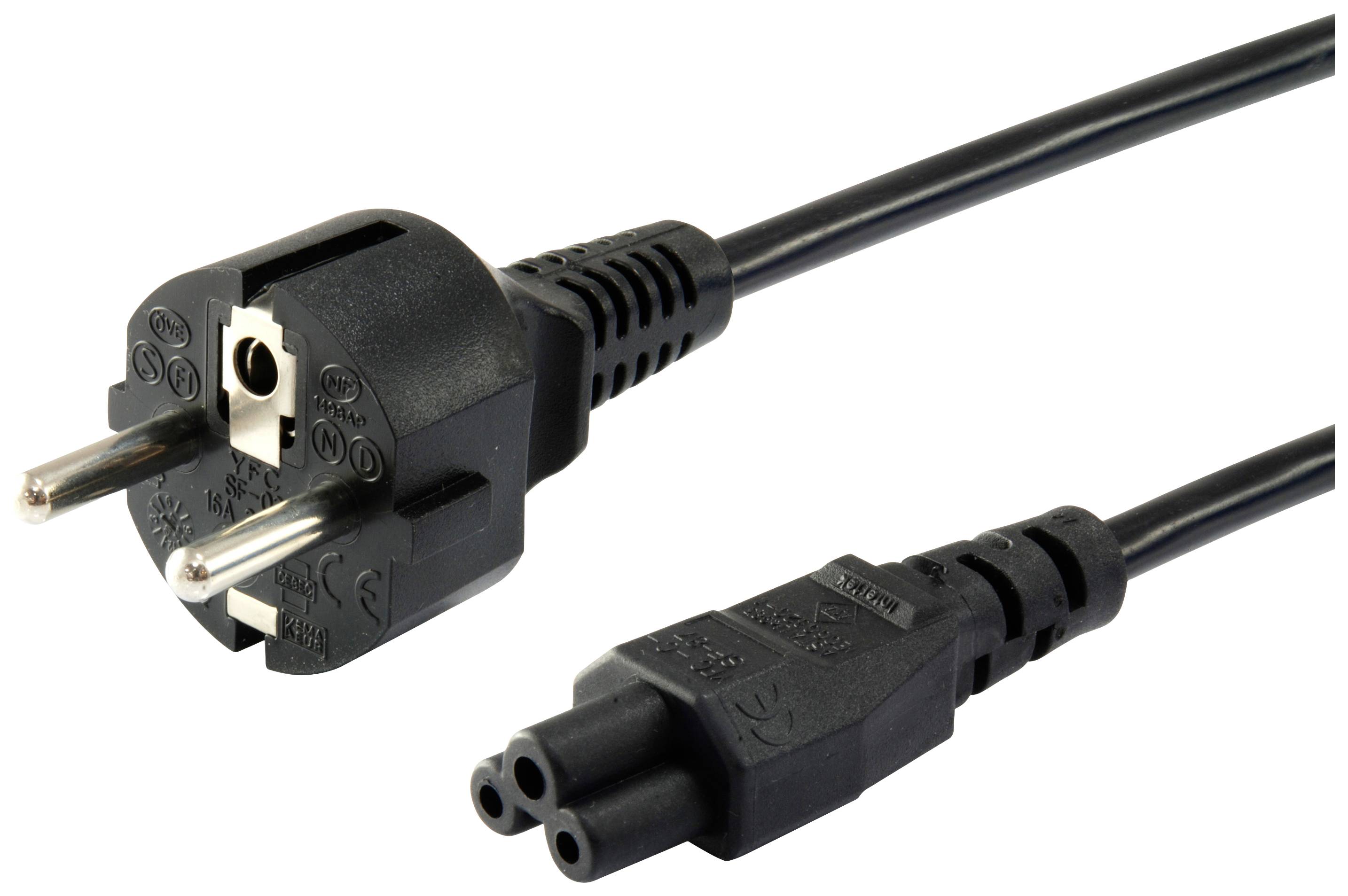 Czarny kabel sieciowy z europejską wtyczką Schuko i trójbolcową wtyczką C5 w kształcie koniczynki, połączone przewodem.