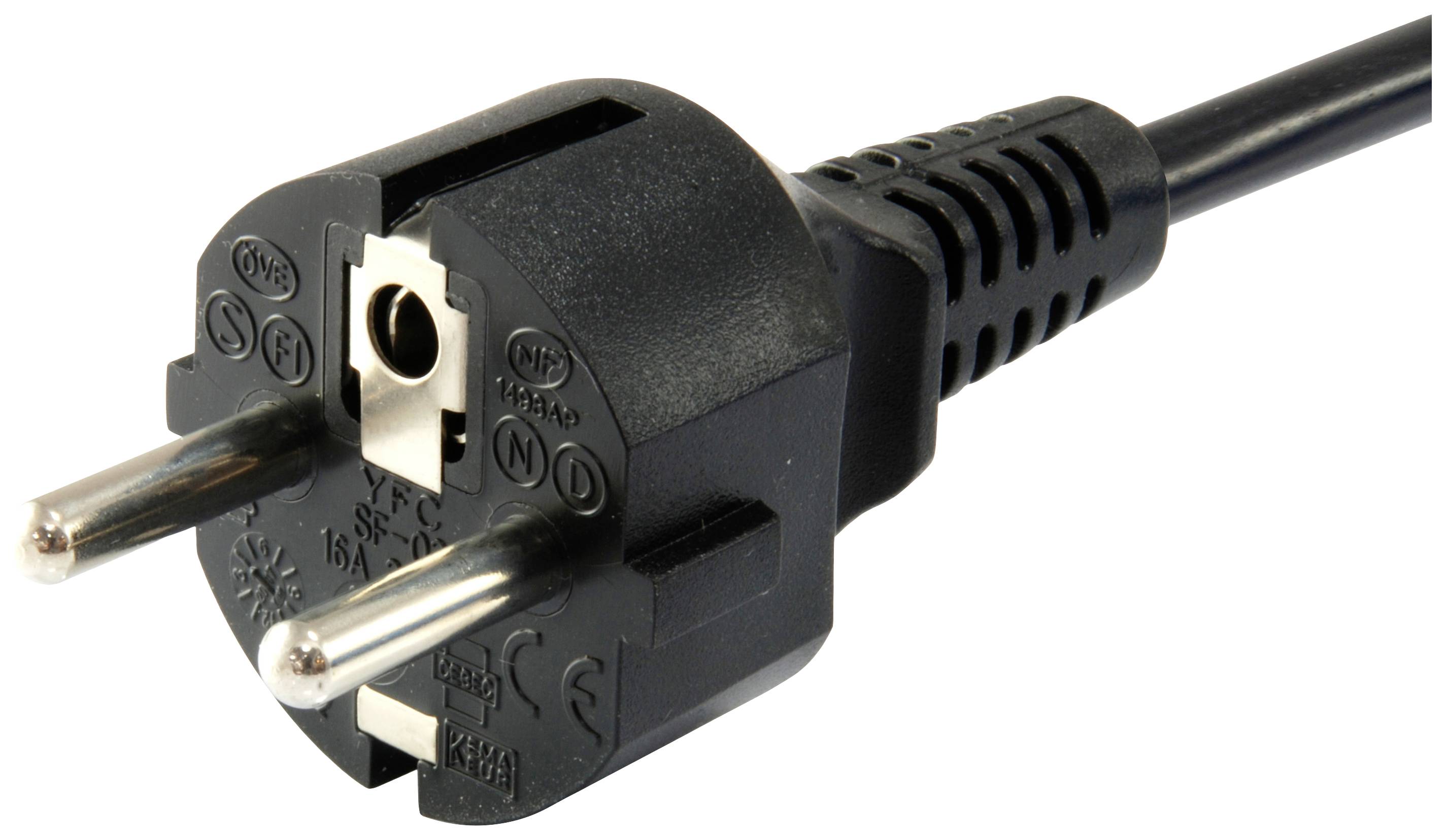 Niemiecka wtyczka Schuko z dwoma metalowymi stykami i czarną obudową, odpowiednia dla 16 A, 250 V prądu przemiennego.