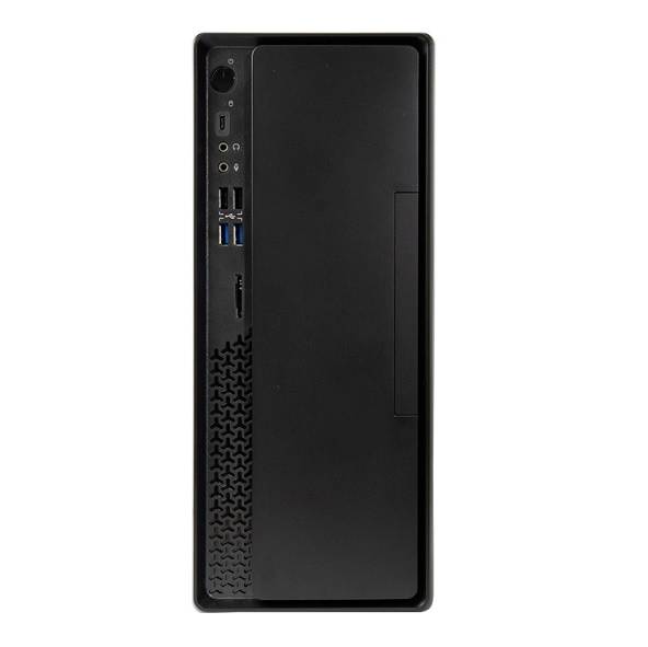 Czarna obudowa komputera w pionowej orientacji z wieloma portami, w tym portami USB, z przodu.