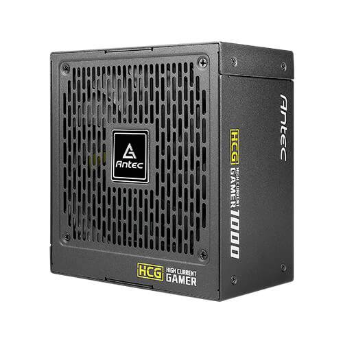 Czarny zasilacz z otworami wentylacyjnymi. Oznaczony jako 'Antec High Current Gamer 1000'. Odpowiedni do wydajnych komputerów dla graczy.