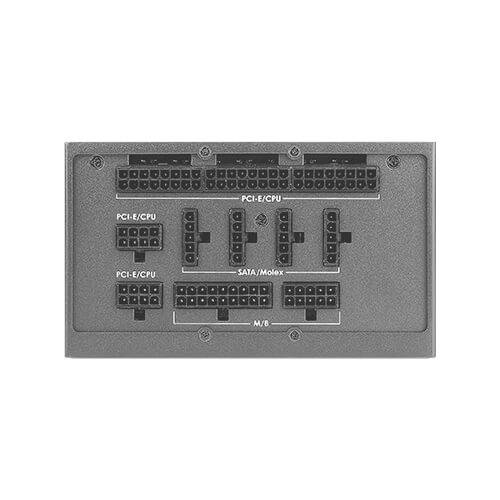 Tylna strona modularnego zasilacza komputerowego z wieloma gniazdami przyłączeniowymi do PCI-E/CPU oraz SATA/Molex, oznaczonymi dla łatwej identyfikacji.