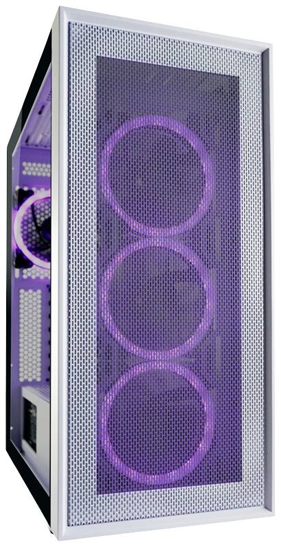 Obudowa komputera PC z trzema fioletowo podświetlanymi wentylatorami z przodu.