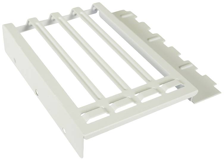 Białe metalowe ogrodzenie w kształcie prostokąta z czterema równoległymi prętami i zaciskami bocznymi do mocowania.