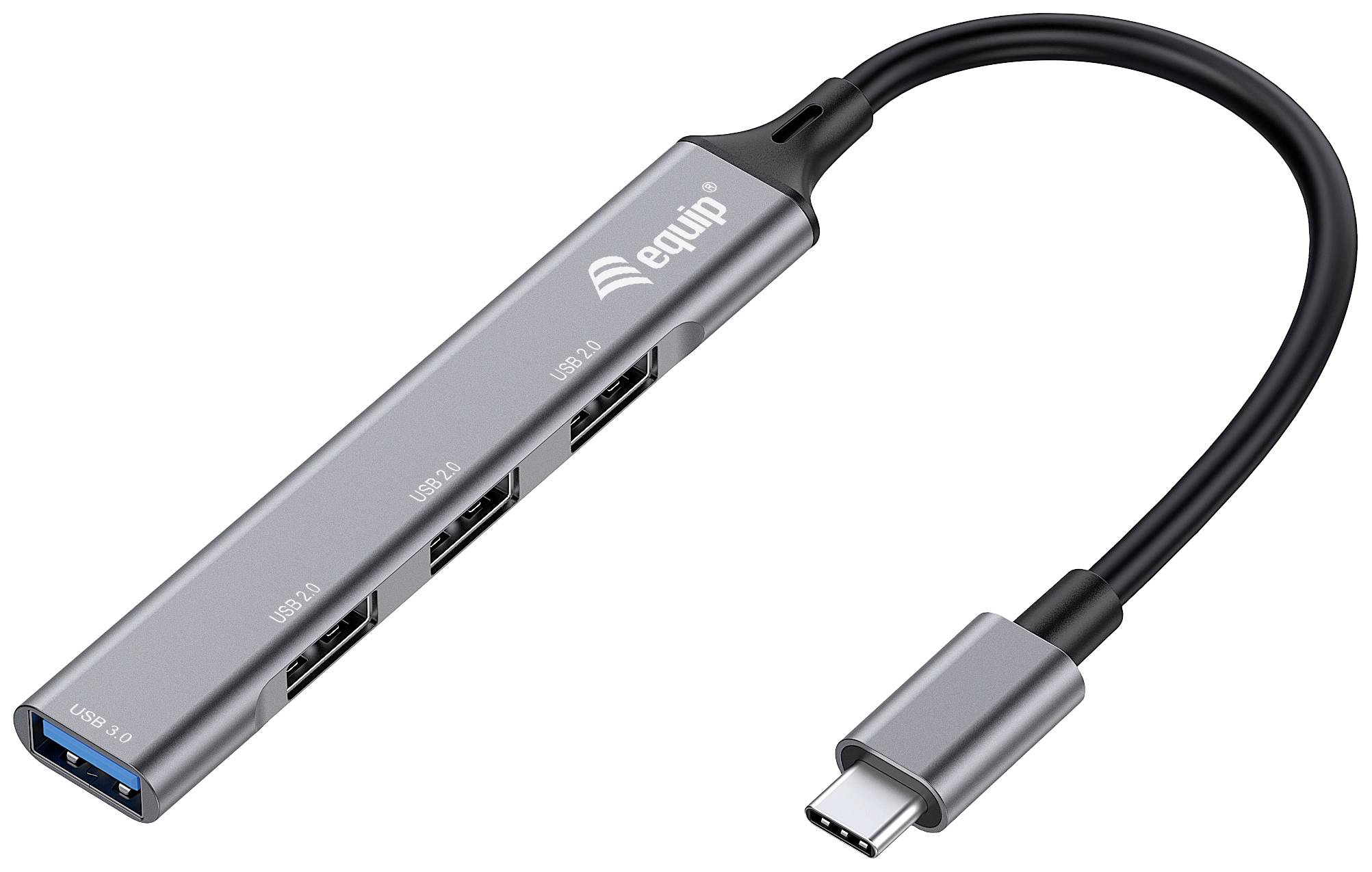 Hub USB-C z czterema portami USB 3.0, przeznaczony do podłączania wielu urządzeń do komputera.