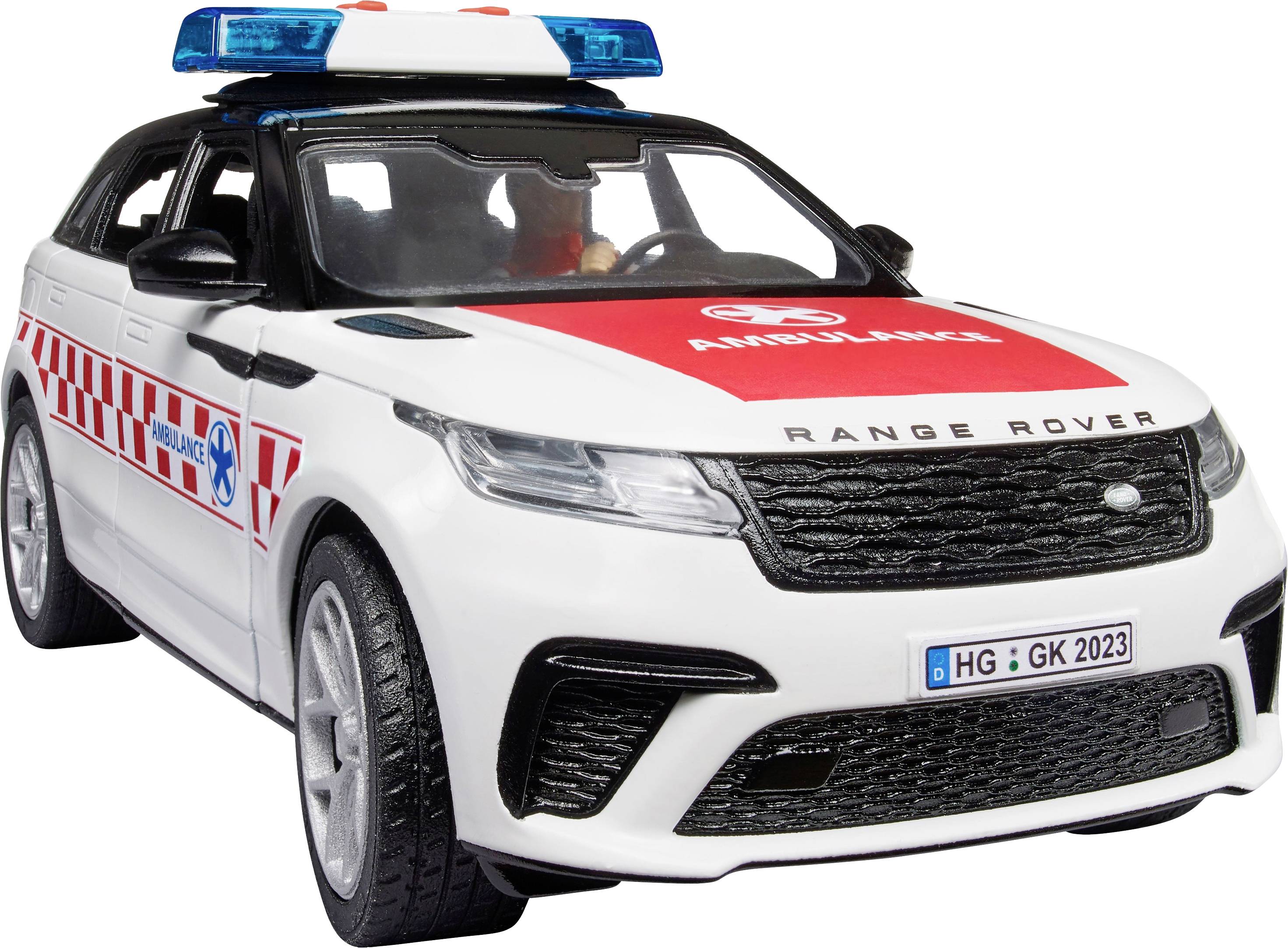 Biały ambulans w stylu SUV z czerwonym napisem 'AMBULANCE' i niebieskim pasem świetlnym na dachu, w stylu pojazdu ratunkowego.