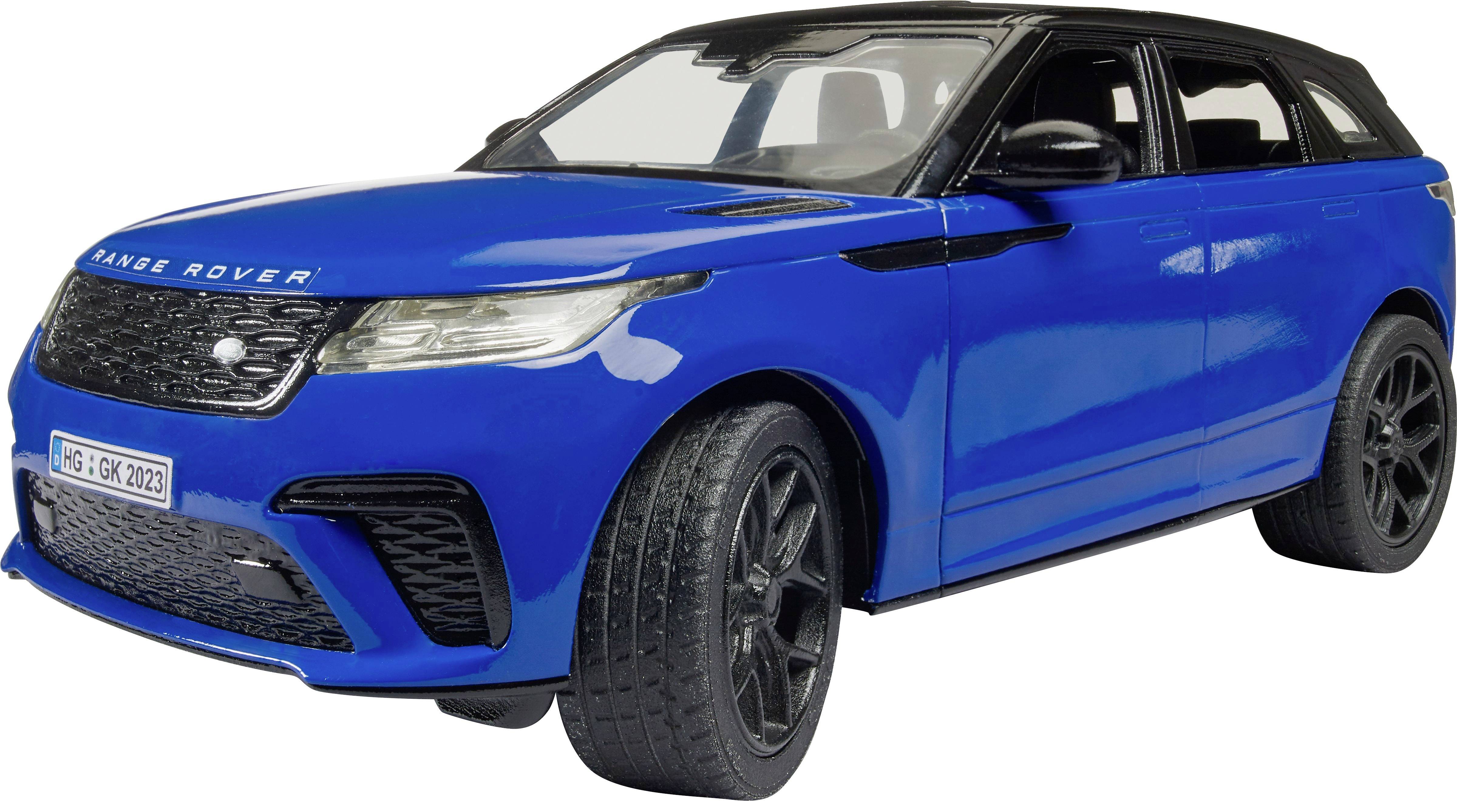 Niebieski Range Rover Velar model samochodu z czarnymi felgami, sfotografowany z przedniego lewego boku.