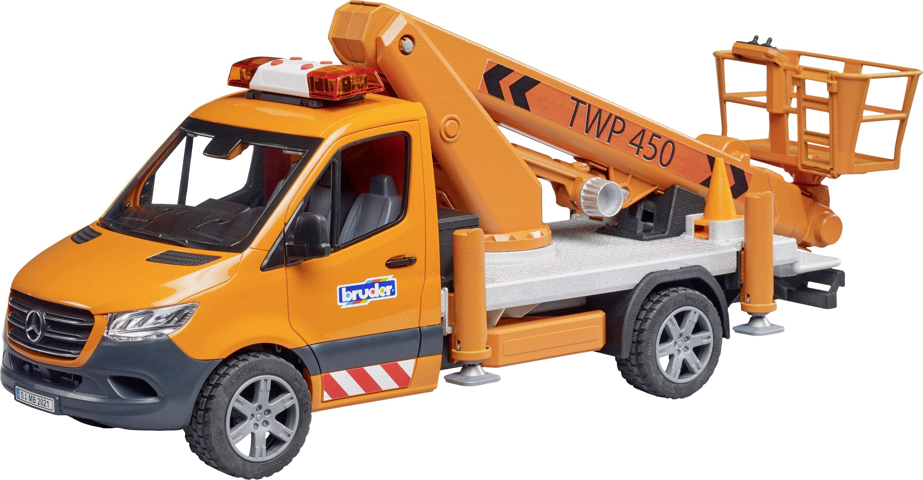 Pomarańczowy pojazd zabawkowy w kształcie pojazdu roboczego z wysuwną platformą roboczą i świecącą niebieską lampą sygnalizacyjną na dachu.