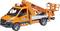 Pomarańczowy pojazd zabawkowy w kształcie pojazdu roboczego z wysuwną platformą roboczą i świecącą niebieską lampą sygnalizacyjną na dachu.