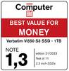 Wyróżnienie 'Computer Bild': 'Najlepsza relacja ceny do jakości' dla dysku Verbatim Vi550 S3 SSD - 1TB. Ocena 1,3, wydanie 21/2023, test 11 dysków SSD 2,5 cala.