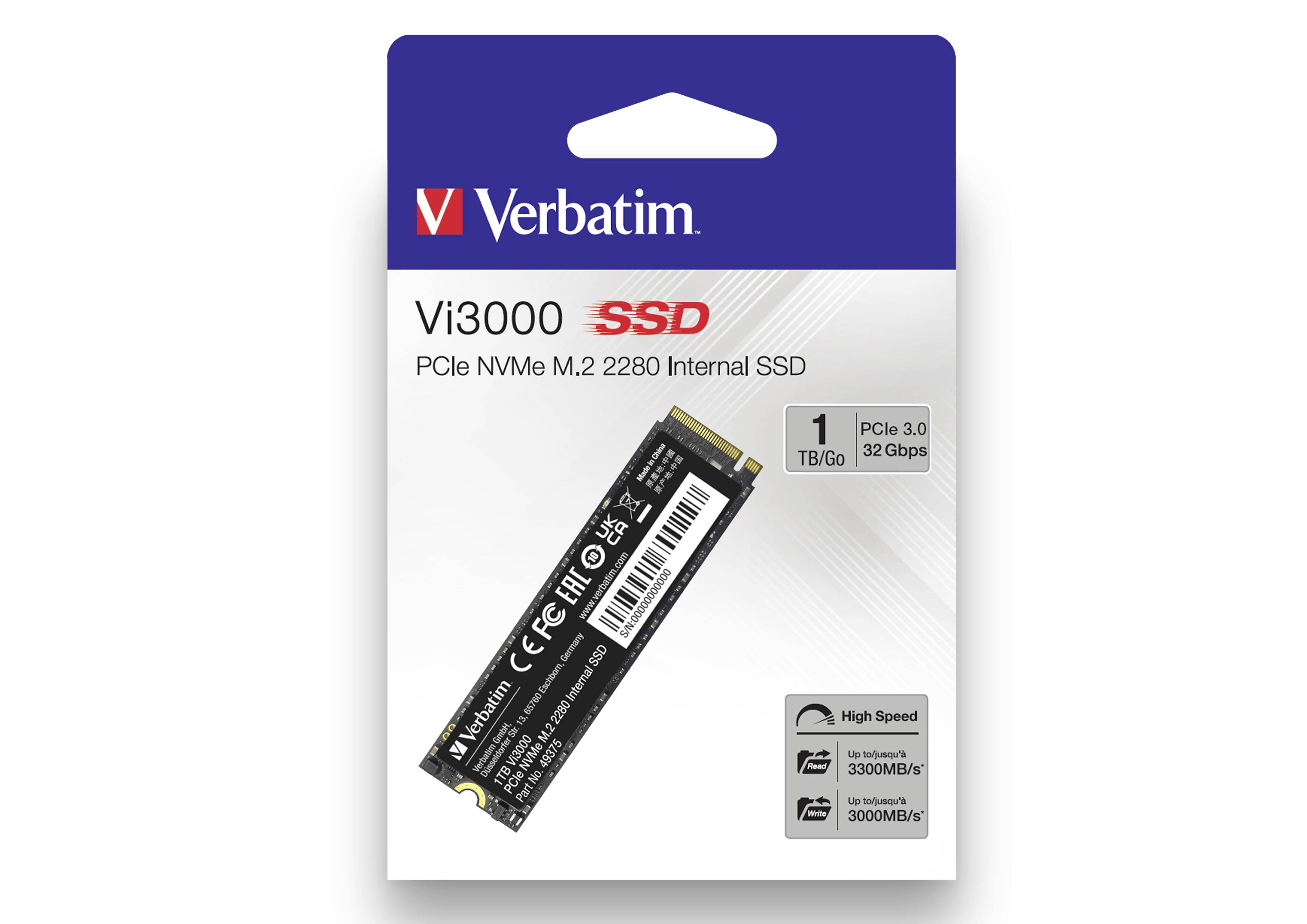 Opakowanie 'Verbatim Vi3000 SSD'. Wewnętrzny dysk SSD PCIe NVMe M.2 2280, 1TB. Obsługa PCIe 3.0, 32 Gbps. Wysoka szybkość odczytu i zapisu.