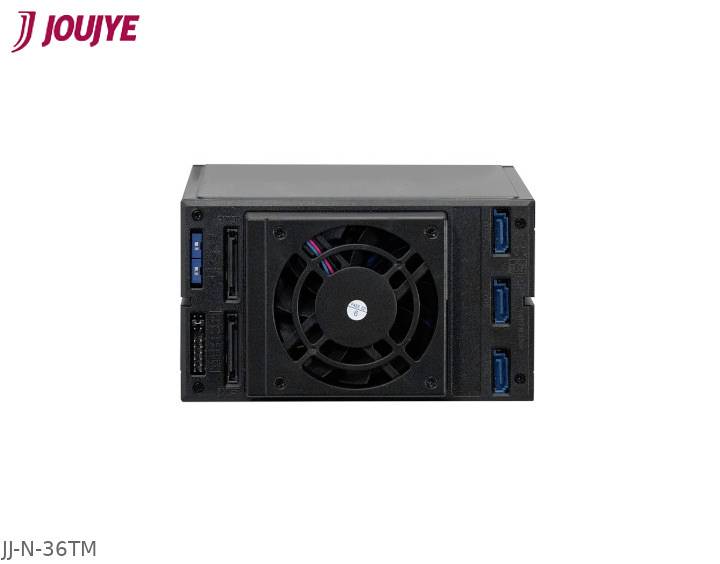 Prostokątny, czarny wentylator komputerowy z wieloma złączami i wentylatorem pośrodku, widziany z boku. Oznaczenie: JJ-N-36TM.