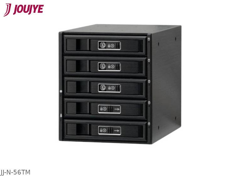 Zewnętrzna obudowa dysku twardego z pięcioma kieszeniami, przeznaczona do organizacji i przechowywania wielu dysków twardych.