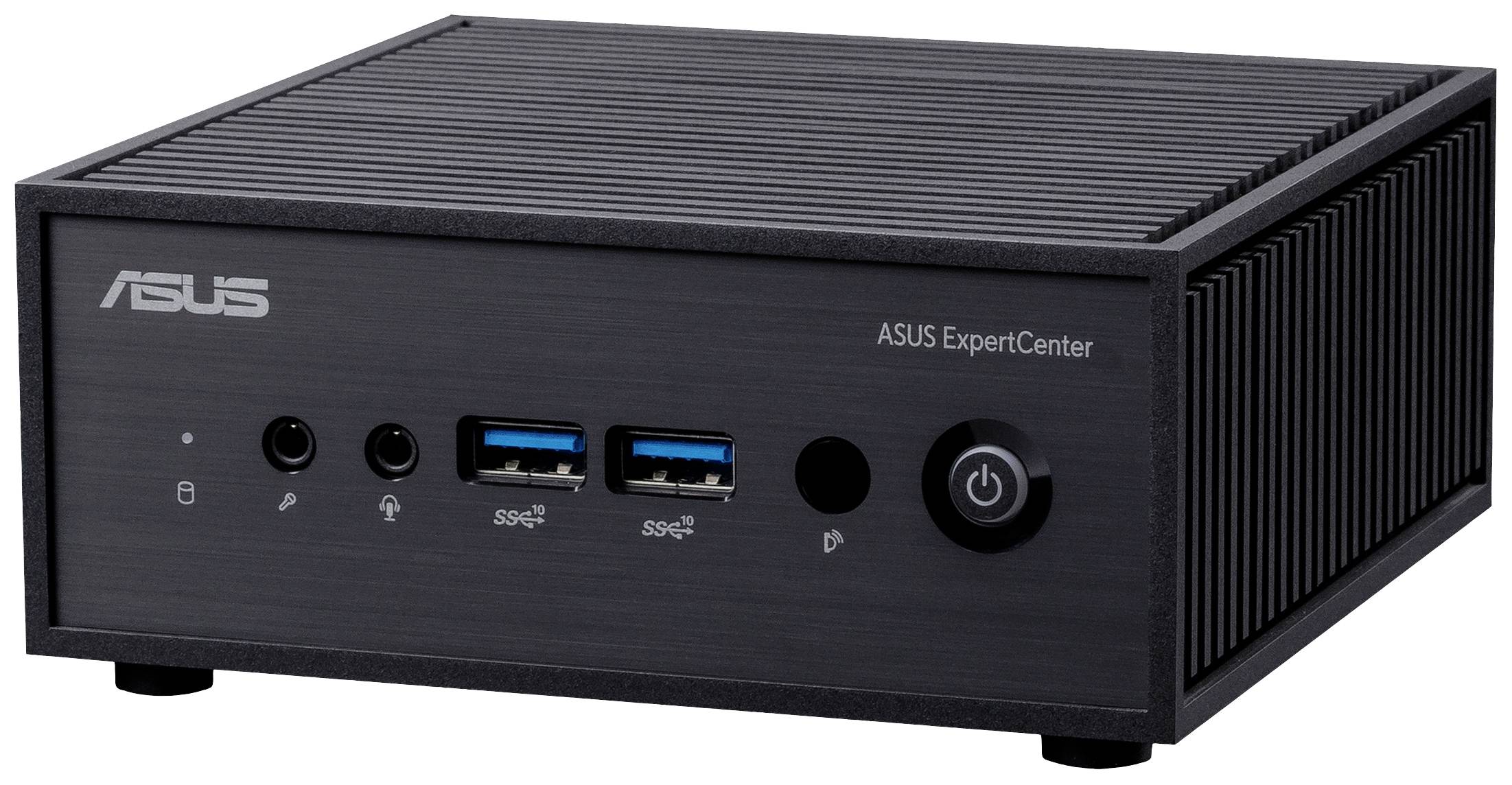Miniaturowy komputer ASUS ExpertCenter z wieloma portami z przodu i przyciskiem zasilania, idealny do użytku biurowego lub domowego.