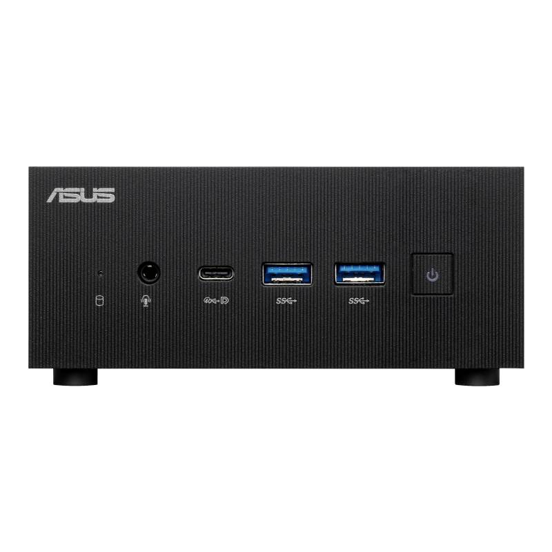 Mały czarny mini komputer marki Asus z wieloma portami USB i włącznikiem sieciowym z przodu.