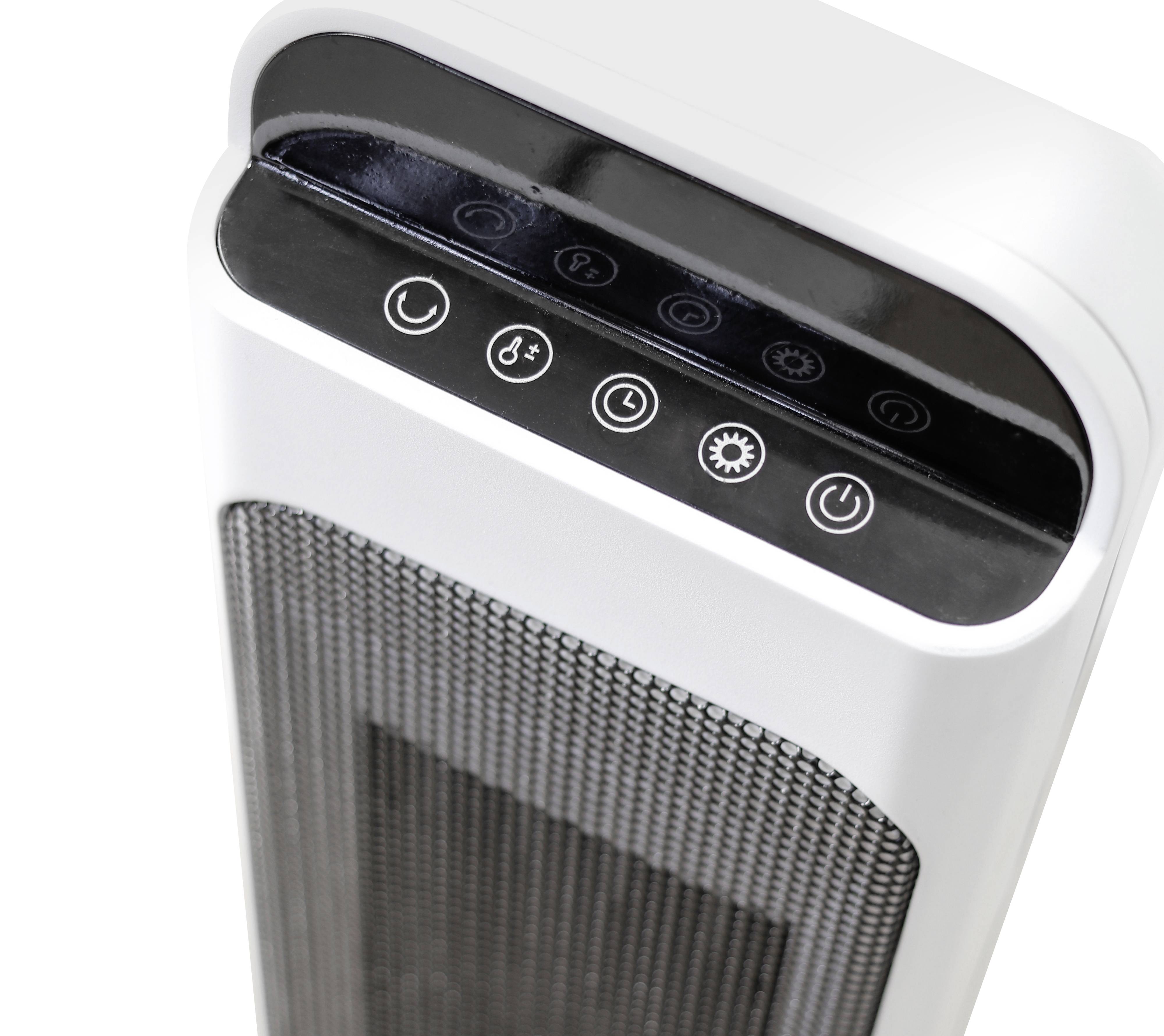 Przenośny termowentylator z przyciskami do regulacji temperatury i timerem. Nowoczesny, kompaktowy design w kolorach białym i czarnym.