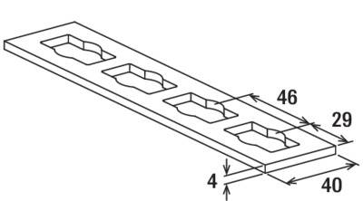Rysunek przedstawia blachę metalową z czterema prostokątnymi wycięciami; wymiary: 46x29 mm na każde wycięcie, całkowita długość blachy 40 mm, grubość 4 mm.