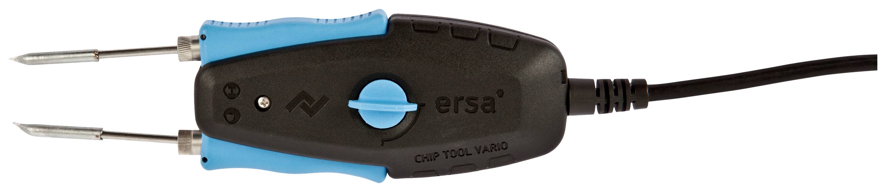 Lutownica z niebieską izolacją uchwytu, dwiema metalowymi końcówkami i przewodem zasilającym. Używana do lutowania komponentów elektronicznych.