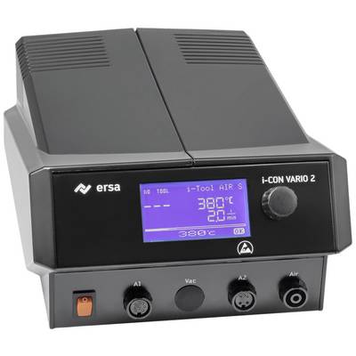 Stacja lutownicza z wyświetlaczem LCD, pokazująca 'i-Tool AIR S', temperatura '380°C', powietrze '20%', z przyciskami do ustawień i złączami.