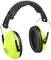 Nauszniki ochronne w neonowożółtym kolorze z czarną oprawą i poduszkami, chroniące przed głośnymi dźwiękami.