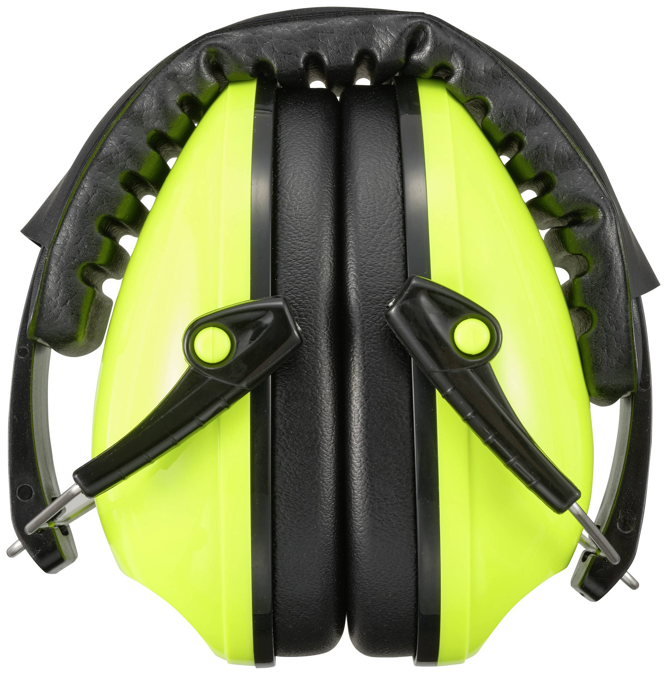 Para żółto-czarnych nauszników ochronnych w złożonej pozycji, na białym tle. Idealne do redukcji hałasu.