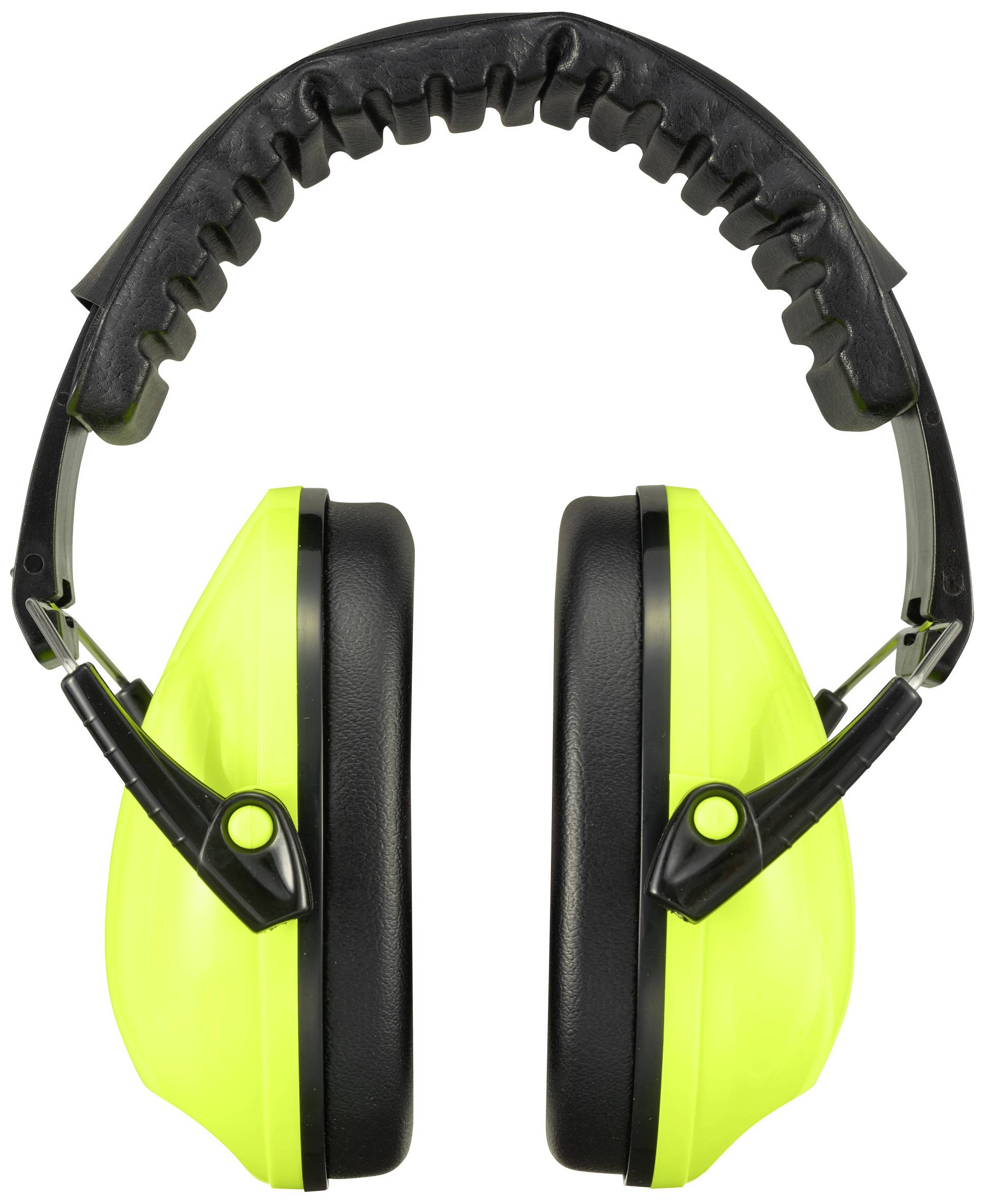 Żółte nauszniki ochronne z czarną oprawką, używane do ochrony przed głośnymi dźwiękami.