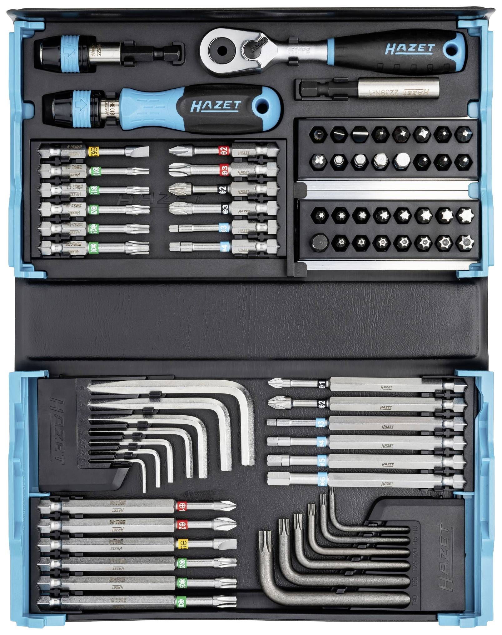 Zestaw narzędzi z różnorodnym zestawem akcesoriów: śrubokręty, klucze nasadowe, bity, klucze imbusowe i klucze zapadkowe. Idealny do prac rzemieślniczych.