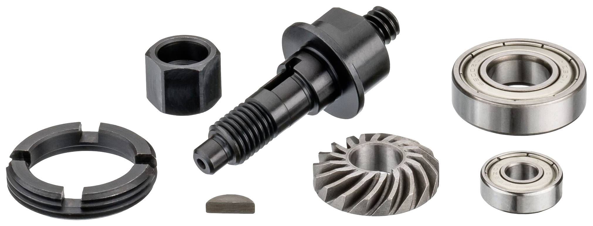 Zestaw części mechanicznych, w tym kół zębatych, łożysk, śrub i nakrętek, ułożonych na jasnym tle. Odpowiedni dla inżynierii mechanicznej.